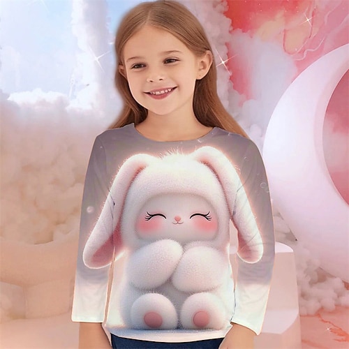 Ostern Mädchen 3D Grafik Tiermotiv Kaninchen T-Shirt Langarm Frühling Herbst Mode Basic Kinder 4-12 Jahre Rundhalsausschnitt Outdoor Lässig Täglich Normale Passform Image