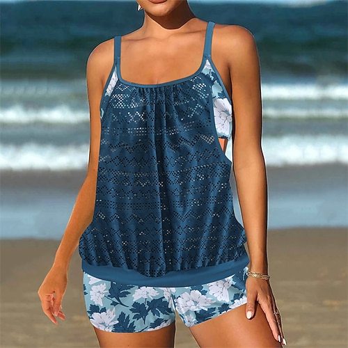 Damen Tankini Bikini, Zweiteiler Spitze Bademode Badeanzug Schwarz Rosa Atmungsaktiv Schnelltrocknend Leichtgewichtig Ärmellos - Schwimmen Surfen Strand Sommer Frühling Übergröße Image