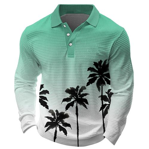 Kentucky Derby Men's Tropical Flowers Waffle Polo Shirts Long Sleeve Polo Shirts Collared Shirts Casual Resort Hawaiian Buttons Red Blue Orange