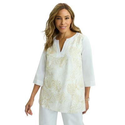 Plus Size Women's Linen V-Neck Embroidered Tunic by Jessica London in White Leaf Embroidery (Size 24 W) Long Shirt Made in the USA