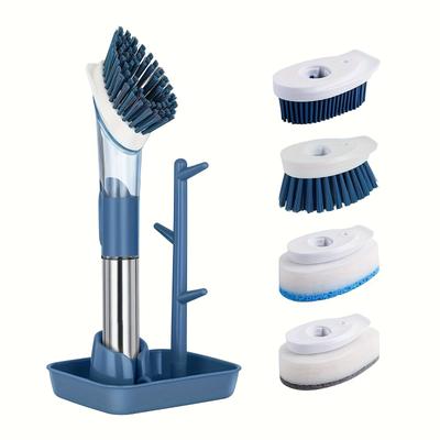 TEMU Ergonomic 4-in- Cleaning Brush Set With Soap Dispenser - Stainless Steel, Easy Scrub For Dishes & Pots, Perfect Christmas Gift For Mom Image