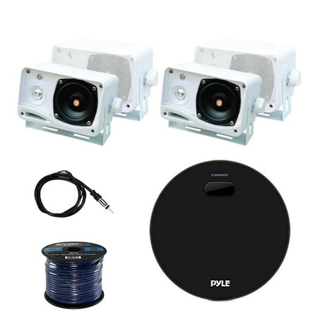 Pyle Marine Bluetooth Water Resistant Amplifier Receiver with Pyle Weather Proof Mini Box Speakers (2-Pairs)(White) Enrock Marine Antenna and Enrock Audio 50 Foot 16-Gauge Speaker Wire
