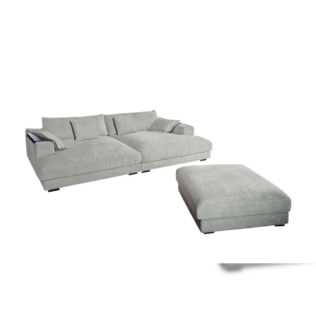 KAWOLA Big Sofa MADELINE Cord hellgrau mit Hocker / 4 Zierkissen / Armlehntablett schwarz Image