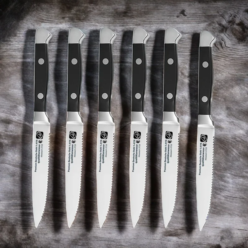 Steakmesser mit Holzsockel, Edelstahl, hochglanzpolierte Griffe, hohes Tischmesser, Steakmesser im westlichen Stil, gezahnter Schneider Image