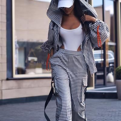 TEMU Polyester Gingham Lapel Collar Zipper Hoodie And Pants Set, Casual, Fall/winter Image