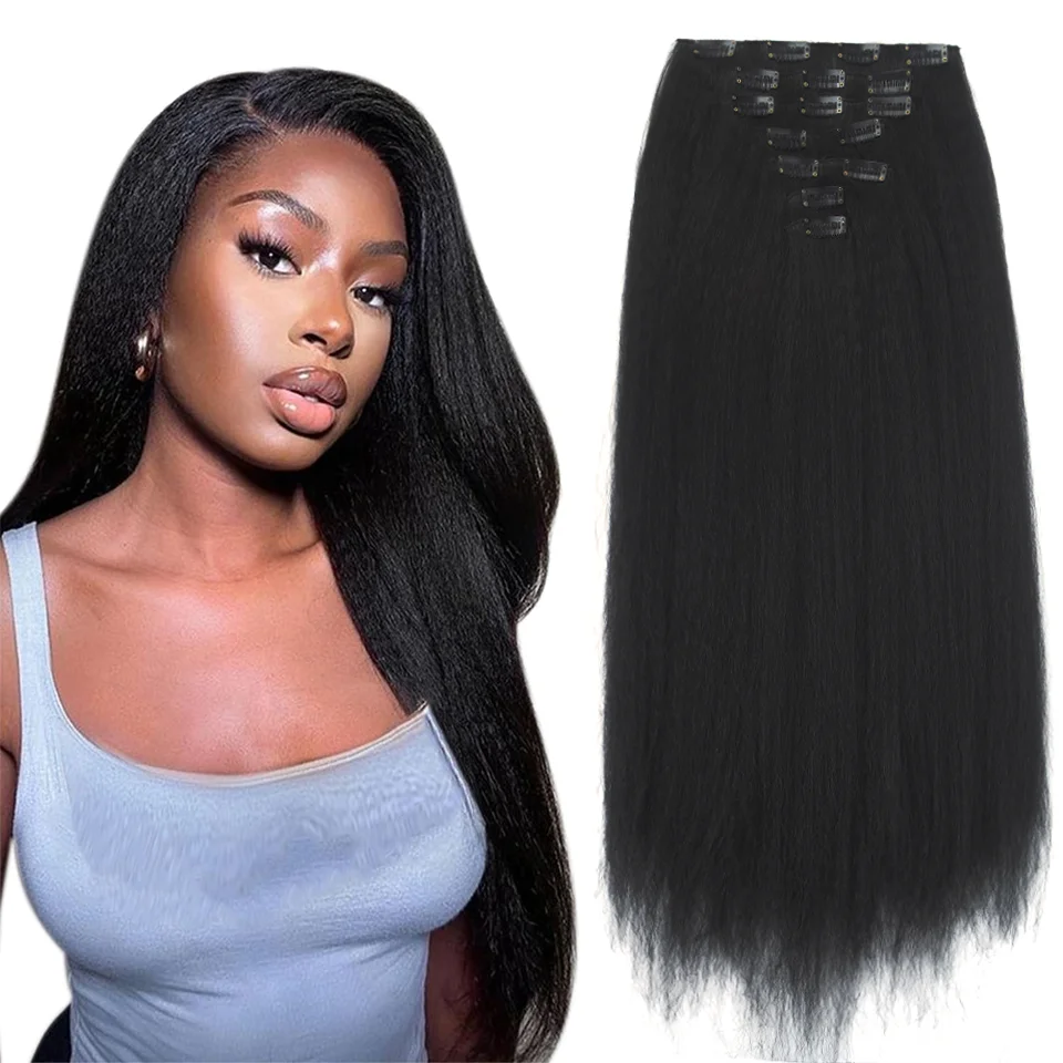 LUPU 7-teilige synthetische Clip-in-Haarverlängerungen YAKI, gerade Extensions für schwarze Frauen, lange geschichtete Haarverlängerungen für den täglichen Gebrauch Image