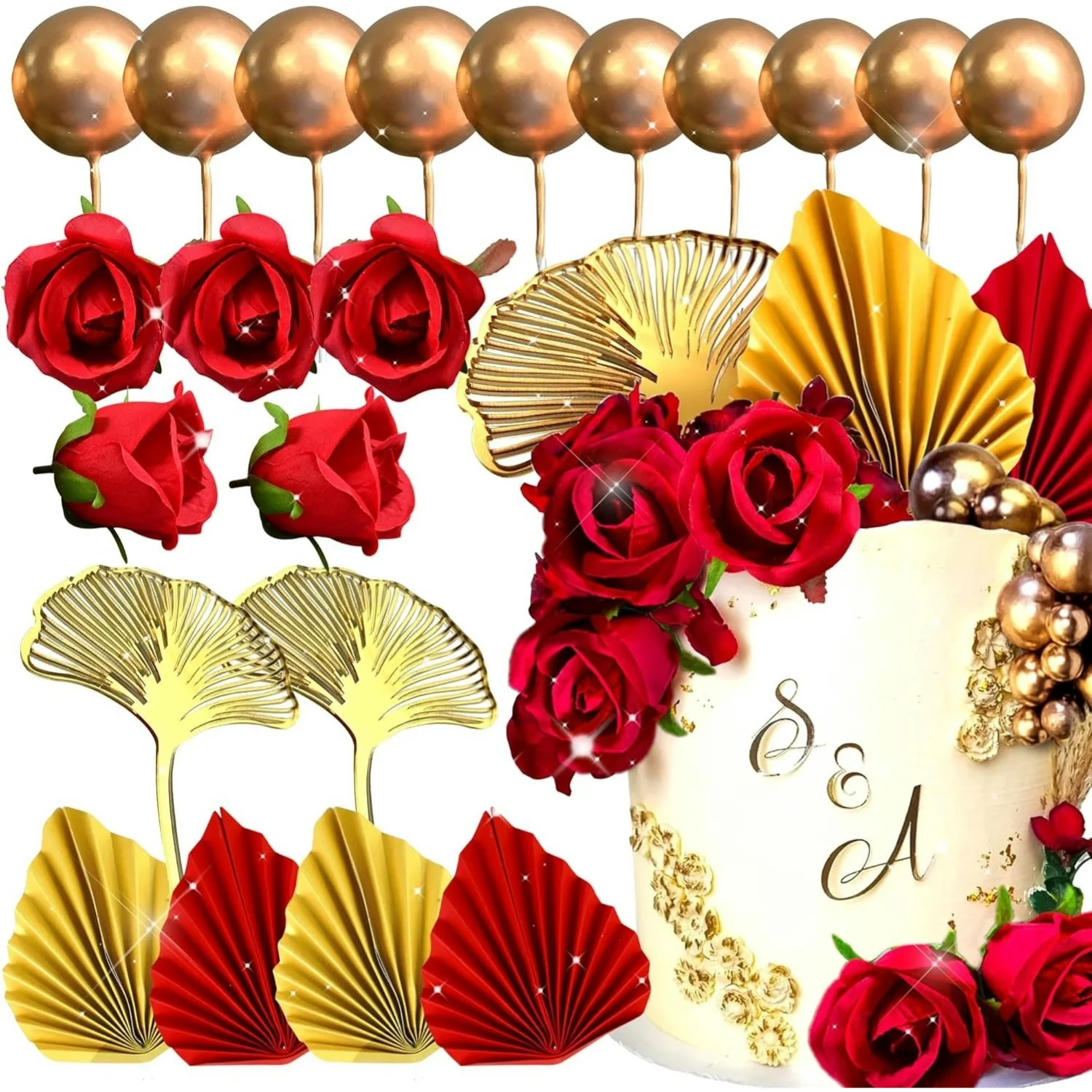 21PCS Rote Rose Kuchen Dekoration Königin Geburtstag Kuchen Dekoration Ginkgo Palm Blätter Kuchen Dekoration für Hochzeit Verlobung Dekor Image