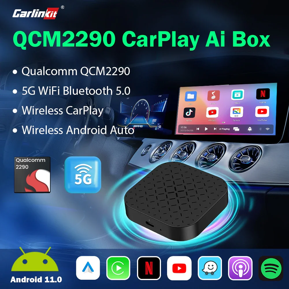 CarlinKit Portable CarPlay Ai Box Android 11 TV Box QCM2290 Wireless CarPlay Android Auto Built-in YouTube Play Store 3-In-1 Box