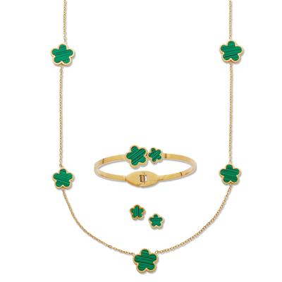 Women's Genuine Green Malachite Gold Ion-Plated Stainless Steel Clover Jewelry Set by PalmBeach Jewelry in Green (Size ONE SIZE)