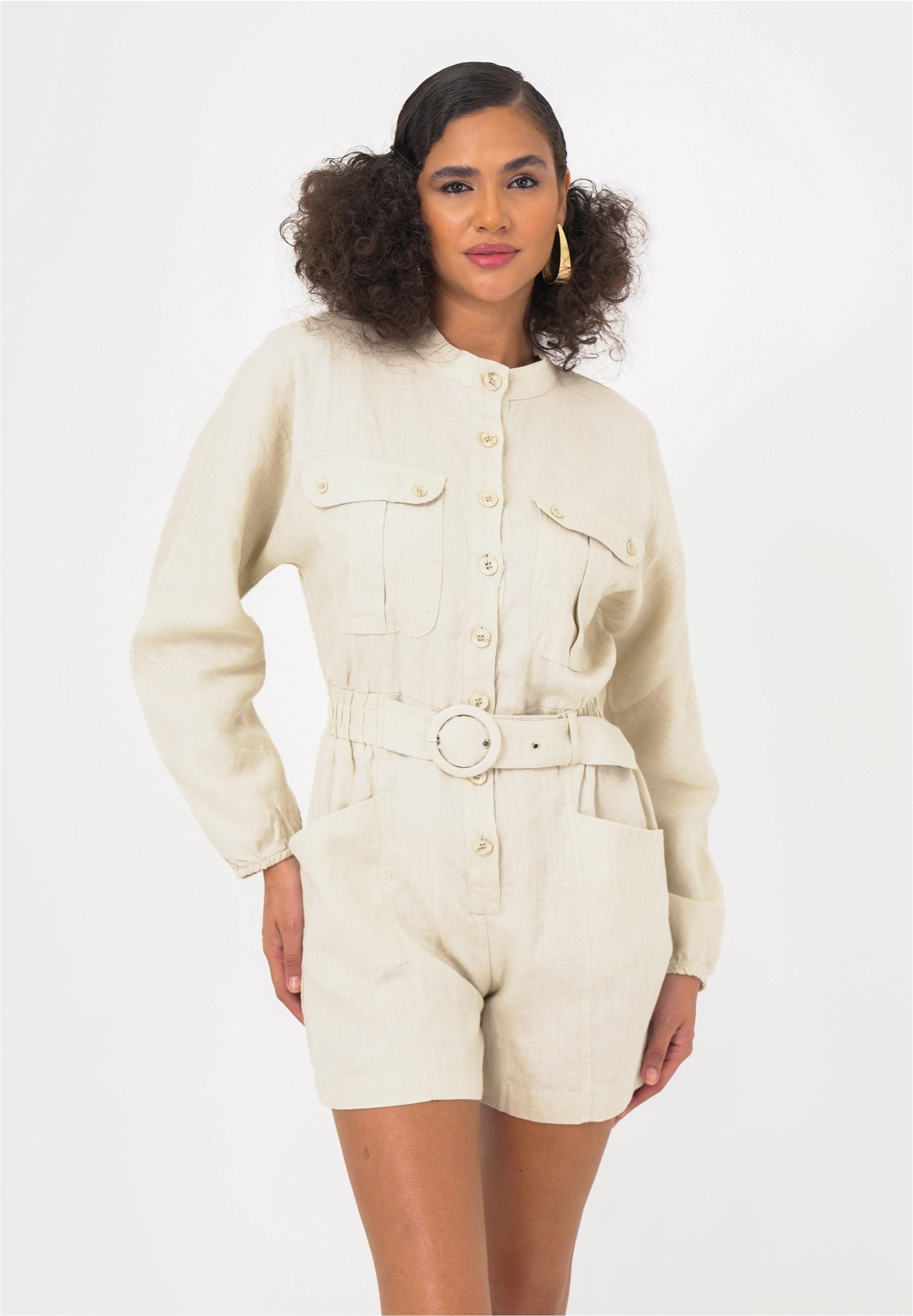 Jumpsuit FRESHLIONS "Jade", Damen, Gr. M, EURO-Größen, beige, 100% Leinen, kurz, Overalls Jumpsuit, im klassischen Design Image