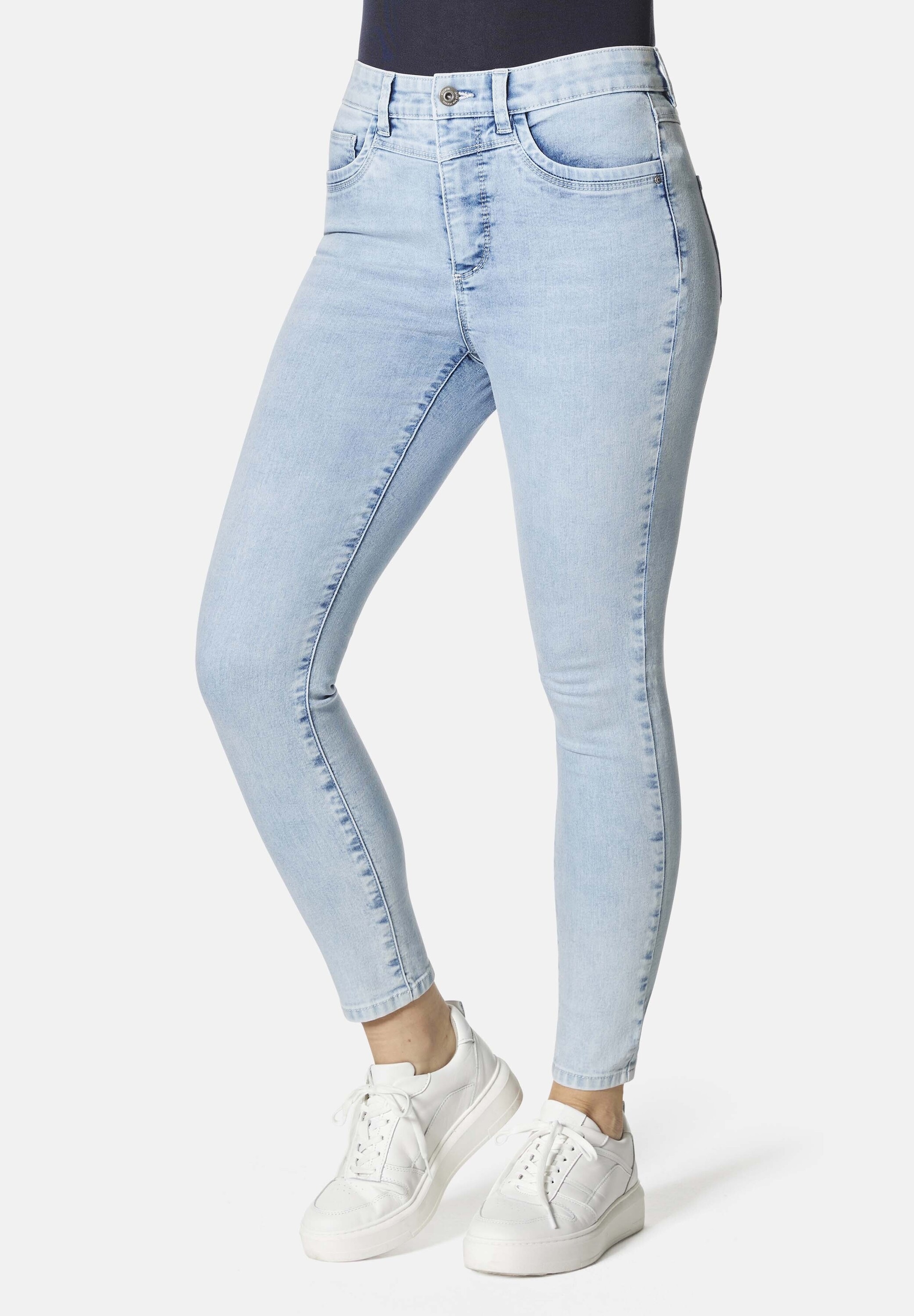 5-Pocket-Jeans STOOKER WOMEN "Rio Fexxi Move Strass Skinny Fit", Damen, Gr. 48, Länge 28, blau (blau bleached), Denim/Jeans, 83% Baumwolle, 16% recycled Polyester, 1% Elasthan, skinny fit lang, Jeans 5-Pocket-Jeans, Skinny Fit Casual Clean Wash...
