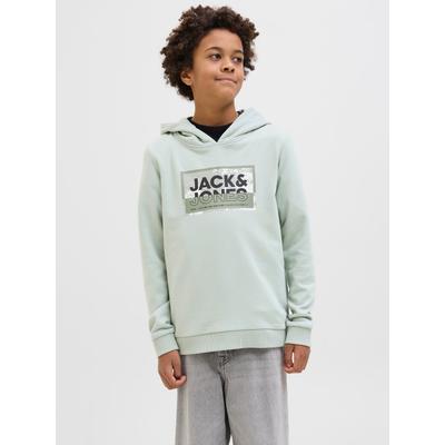 Hoodie JACK & JONES JUNIOR "JCOLOGAN SS24 PRINT SWEAT HOOD SN JNR", Jungen, Gr. 164, blau (aqua gray), angeraute Sweatware, Obermaterial: 70% Baumwolle, 30% Polyester, bedruckt, casual, regular fit normal, Langarm Rippbündchen, Sweatshirts Image