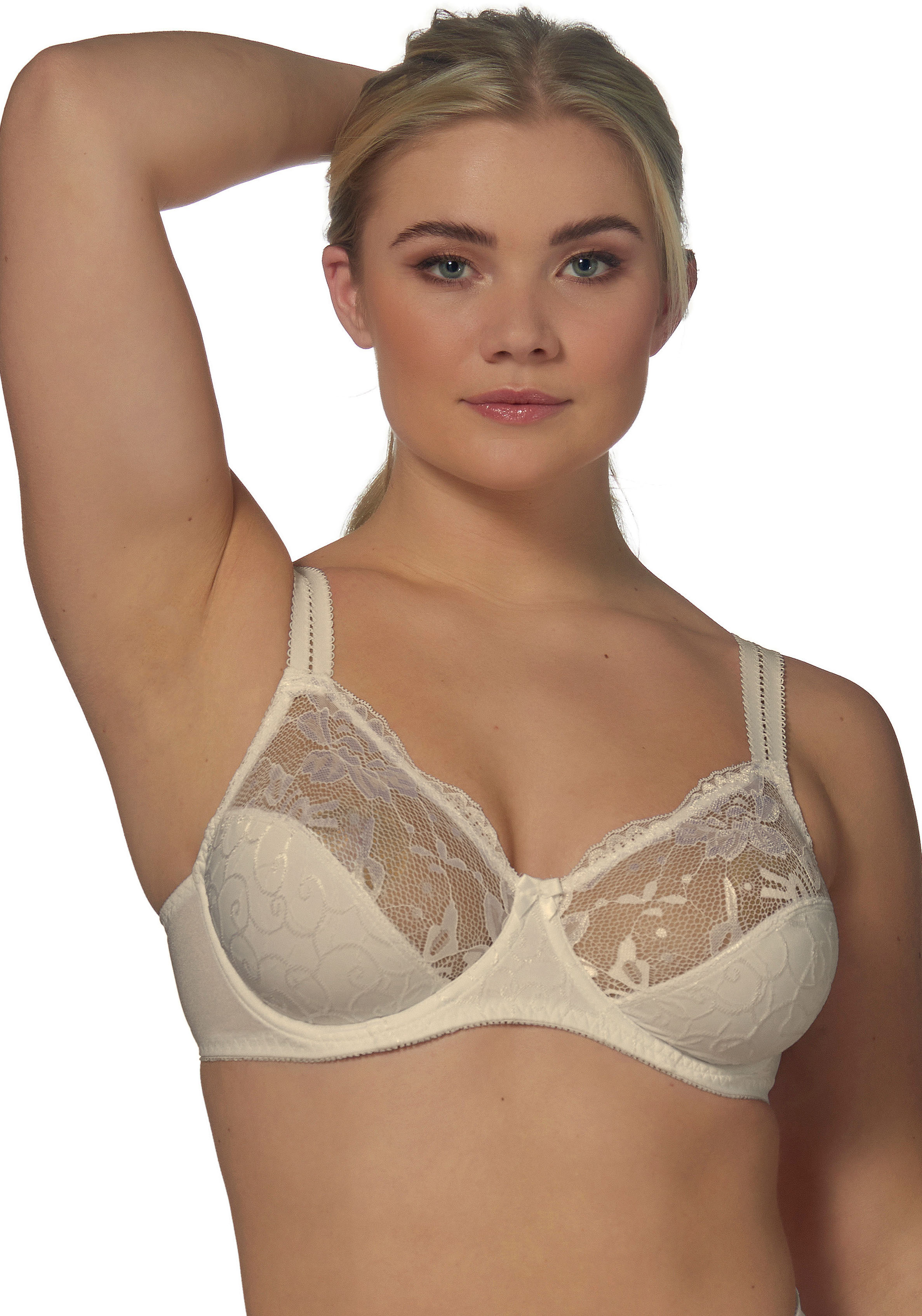 Bügel-BH ELBRINA "EMBROIDERY", Damen, Gr. 90, Cup F, rosa (powder), Obermaterial: 61% Polyamid, 31% Polyester, 8% Elasthan, unifarben, Casual, BHs, mit floralen Spitzenakzenten Image