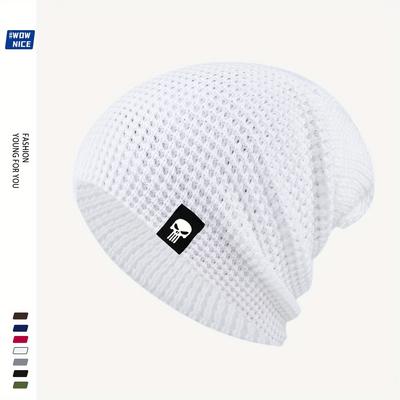 TEMU Skull Logo Knit Beanie Hat For Men And Women, Outdoor Sport Casual Pullover Cap, Breathable Stretch Knitted Beanie, Unisex Solid Color, Hand Wash Or , Fashion Accessory For Ladies Image