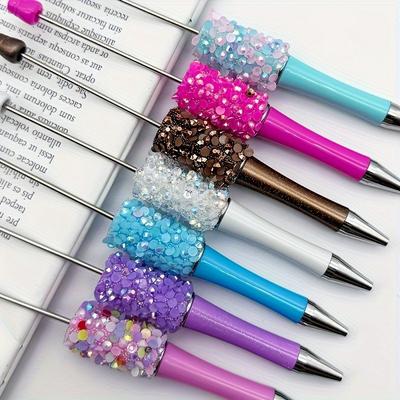 TEMU 7pcs Glitter Sequins And Resin Diamond Bead Ballpoint Pen - Retractable, Rotatable Closure, Medium Tip - Fun Cartoon Design For Teenagers And Above Image