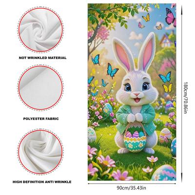 TEMU 2d Door Banner 1pc Easter Bunny Polyester Door Cover, 35x70 Inches, Spring Theme With Eggs Basket Design, Room Entryway Decor, No Electricity Needed, Easter Party Supplies Image