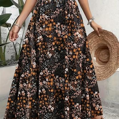 TEMU 1pc Elegant Floral Midi Skirt For Women - Polyester, Geometric Pattern, Woven, Regular Fit, , Flared Hem, No Belt - Versatile Fashion Skirt Image