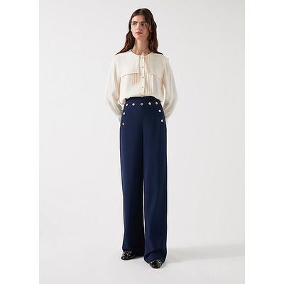 Olive Navy Viscose Blend Crepe Sailor Trouser, Navy