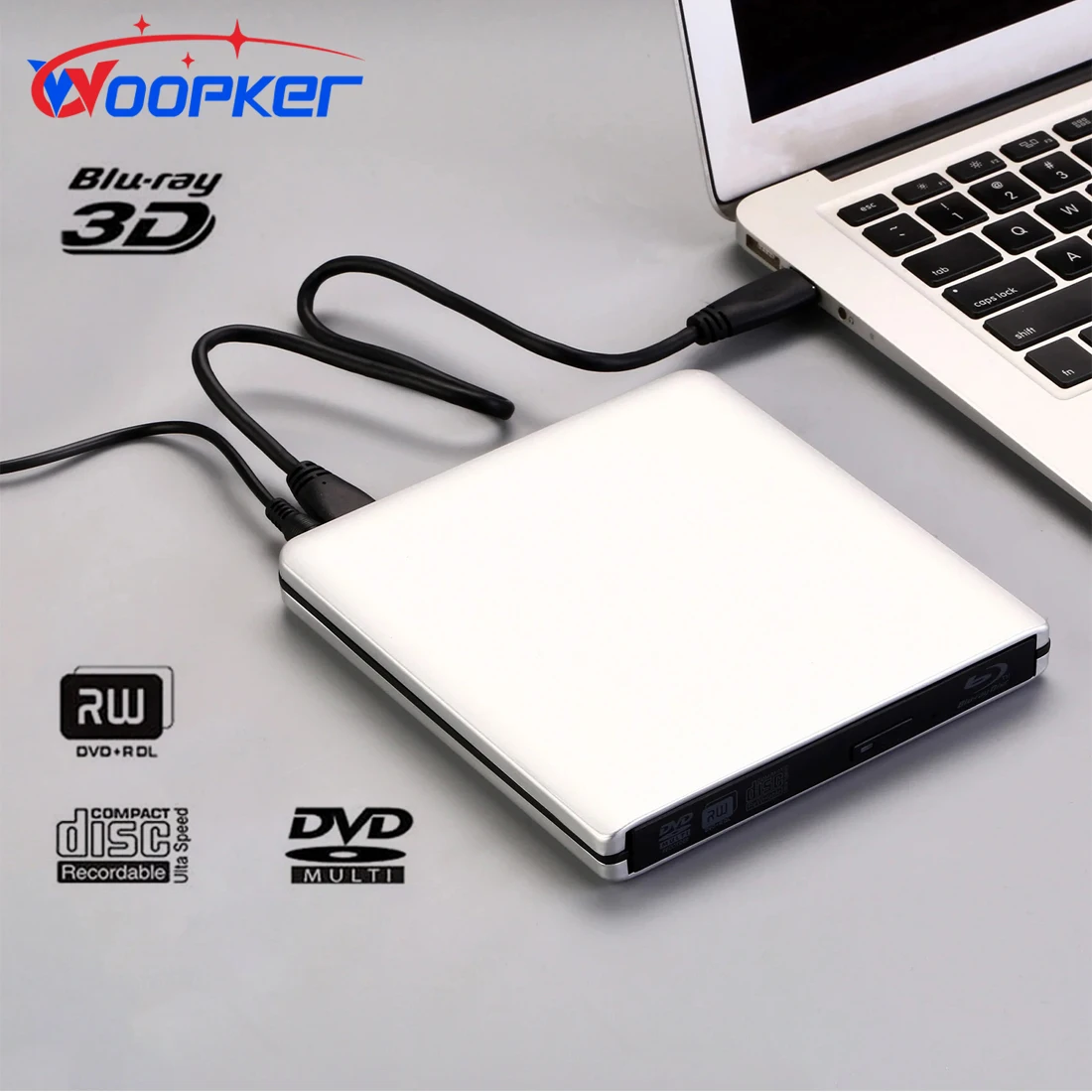 Woopker graveur Blu-ray USB3.0 Type C lecteur DVD 3D mince lecteur DVD +/-RW lecteur multimédia pour ordinateur portable Windows/MAC OS