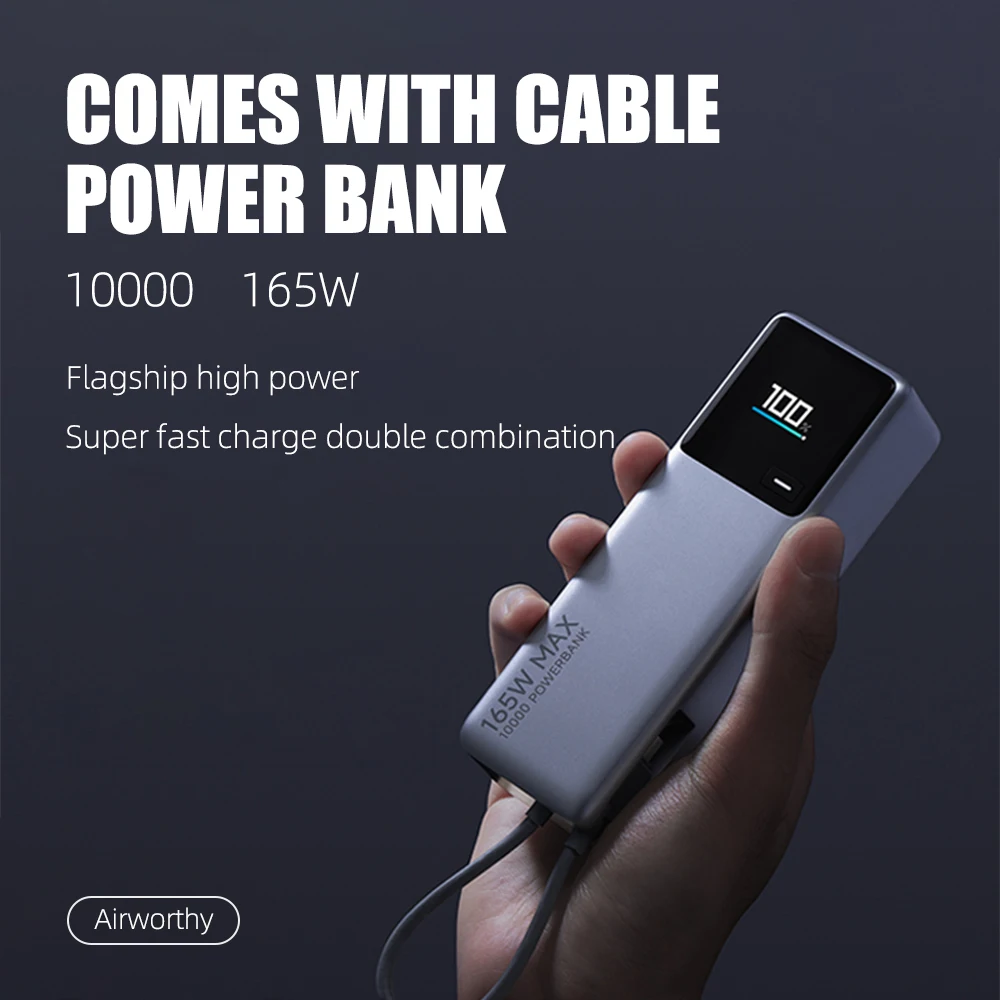 165 W 10000 mAh Power Bank Farbbildschirm mit integriertem Typ-C-Kabel 120 W für Telefon PPS PD Laptop Tragbares Schnellladen Image