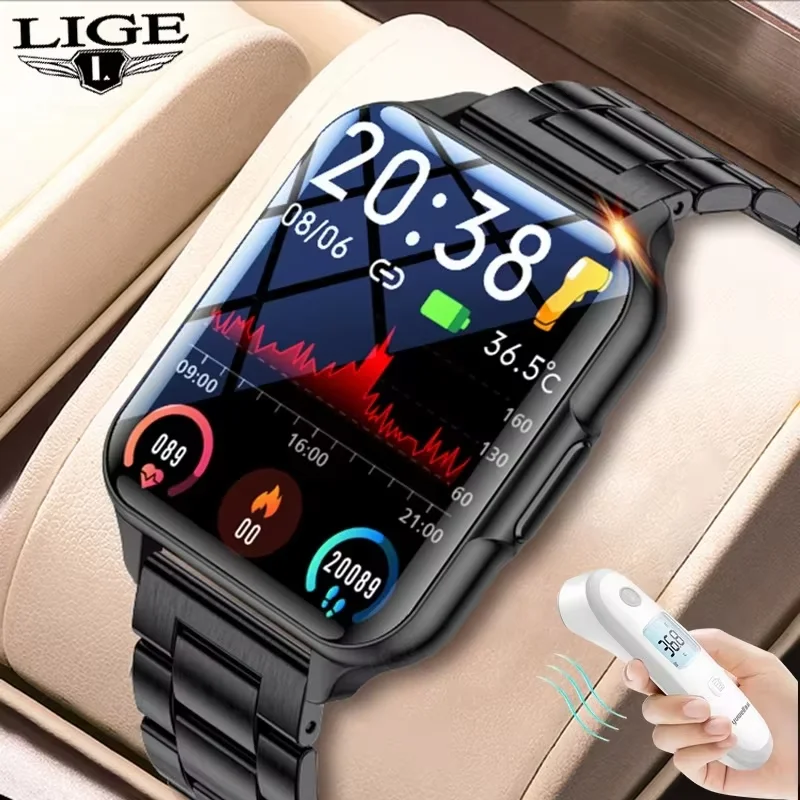 LIGE Drei Smartwatch Körper Temperatur Männer Blut Sauerstoff Überwachung Sport Uhren Männer Benutzerdefinierte Zifferblatt Fitness Tracker Smart Uhr Image