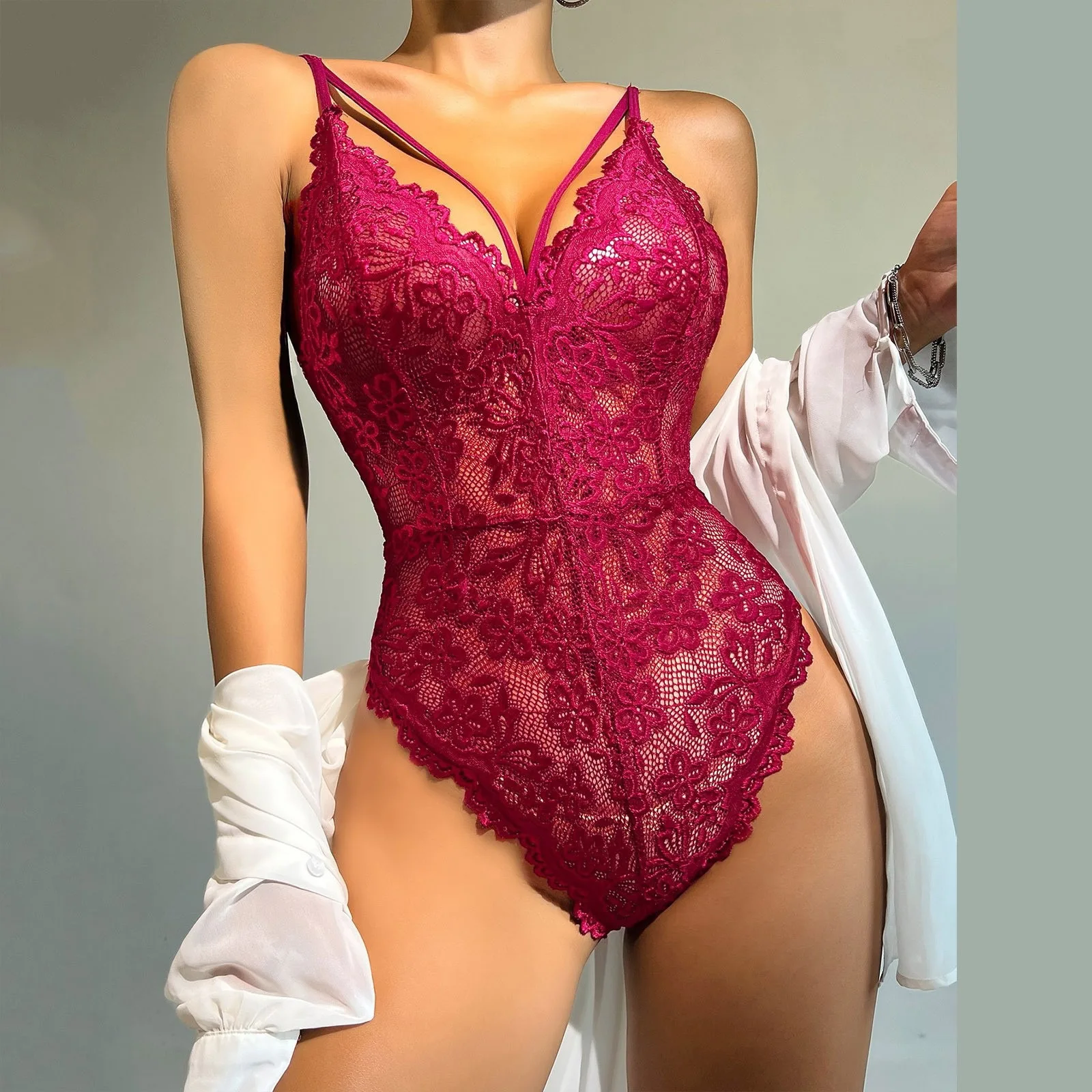 Femmes creux soutien-gorge ouvert body coupe ajustée érotique maille dentelle combinaison body sans entrejambe Sexy mode pyjamas femme