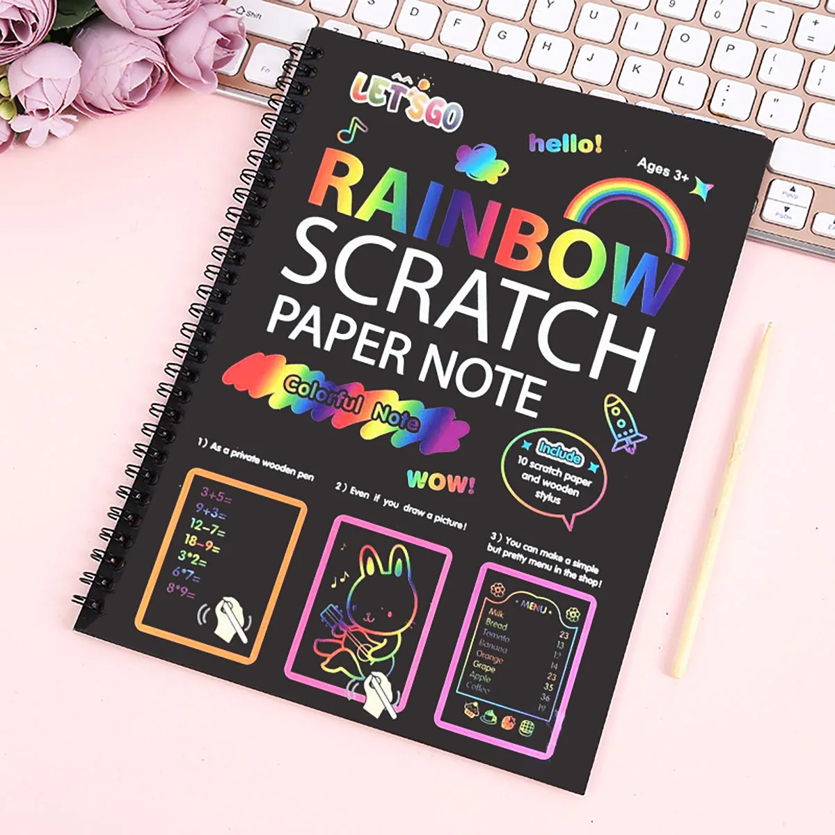 2er-Pack Regenbogen-Kratzpapier für Kinder, Kunstbuch, schwarz, DIY Regenbogen-Kunstpapier, Karte, Neon-Kratzbuch mit Holzstab Image