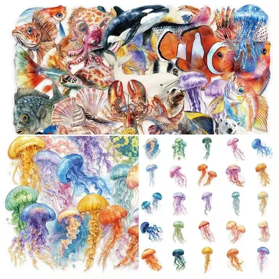 100 Stück niedliche Cartoon-Meereslebewesen und Fische, Delphin-Muschel-Aufkleber, natürliche Seestern-transparente Aufkleber, Dekor, Sammelalbum Image