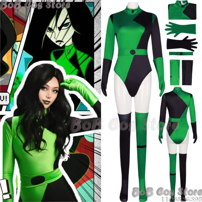 Shego Anime Spicy Girl Cosplay Kostüm Grün Overall Kind 110-150CM Erwachsene S-3XL Größe Handschuhe Gürtel Frauen Mädchen Halloween RolePlay Image