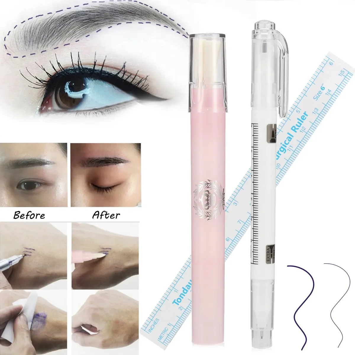 3 stücke Microblading Chirurgische Augenbraue Marker Stift Mit Messen Lineal + Magische Radiergummi Entferner Pinsel Tattoo Scribe Piercing Haut Werkzeug Image