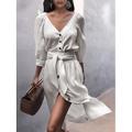 Damen Midikleid Baumwoll-Leinen-Kleider Freizeitkleid A Linie Kleid Basic Urlaub Täglich Normale Passform Einfach Langarm V Ausschnitt Weiß Sommer Frühling