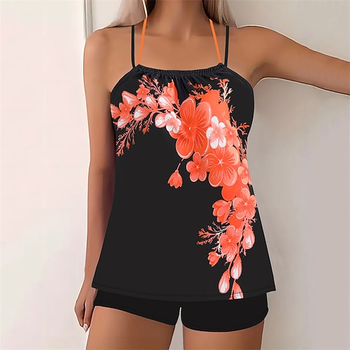 Damen Tankini Bikini, Zweiteiler Rückenfrei Kreuz und quer Bademode Blumen Badeanzug Rosa Himmelblau Atmungsaktiv Schnelltrocknend Leichtgewichtig Ärmellos - Schwimmen Surfen Strand Sommer Frühling Image