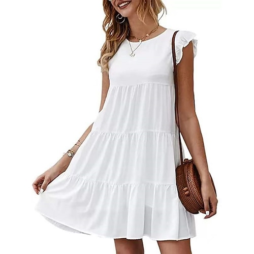 Damen Minikleid Casual kleid Schaukelkleid Sweatkleid Stilvoll Basic Brautkleider schlicht Urlaub Täglich Regular Fit Glatt Ärmellos Rundhalsausschnitt Weiß Wein Sommer Frühling Image