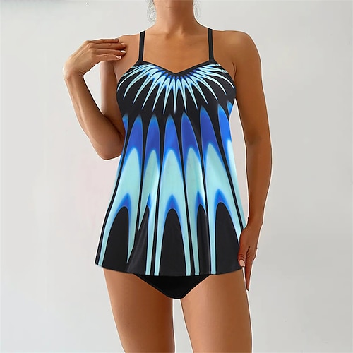 Damen Tankini Bikini, Zweiteiler V-Ausschnitt Bademode Badeanzug Gelb Königliches Blau Atmungsaktiv Schnelltrocknend Leichtgewichtig Ärmellos - Schwimmen Surfen Strand Sommer Frühling Übergröße Image