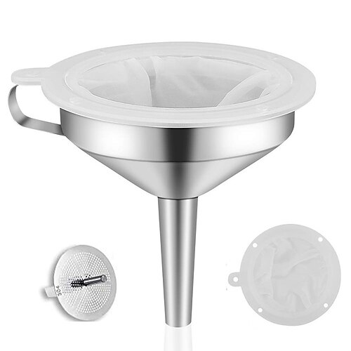 13 cm/5 Zoll großer Küchentrichter aus lebensmittelechtem Edelstahl mit 400-Maschen-Lebensmittelfiltersieb zum Umfüllen von flüssigen, trockenen Zutaten und Kochtrichter aus Metall Image