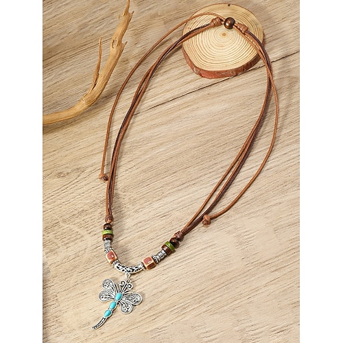 Vintage-Lederhalskette mit Schmetterlingsanhänger – verstellbarer Perlenschmuck im Boho-Stil für Damen und Herren, perfekt für die Freizeit und Festivals Image