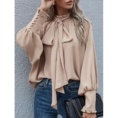 Damen Hemd Elegant Satin-Top Bluse Schnürung Knöpfe Einfarbig Stilvoll Lässig Langarm Rollkragen Normale Oberteile Täglich Schwarz Beige Sommer Image