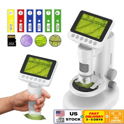 Kids Microscope 1000X Zoom Pocket Handheld Design 3.5'' HD Foldable Screen LED Lights RBG Staining