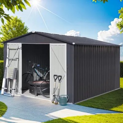 Storage Shed 8FT X 6FT, Outside Lockable Garden Shed Steel Anti-Corrosion Outdoor Storage House with