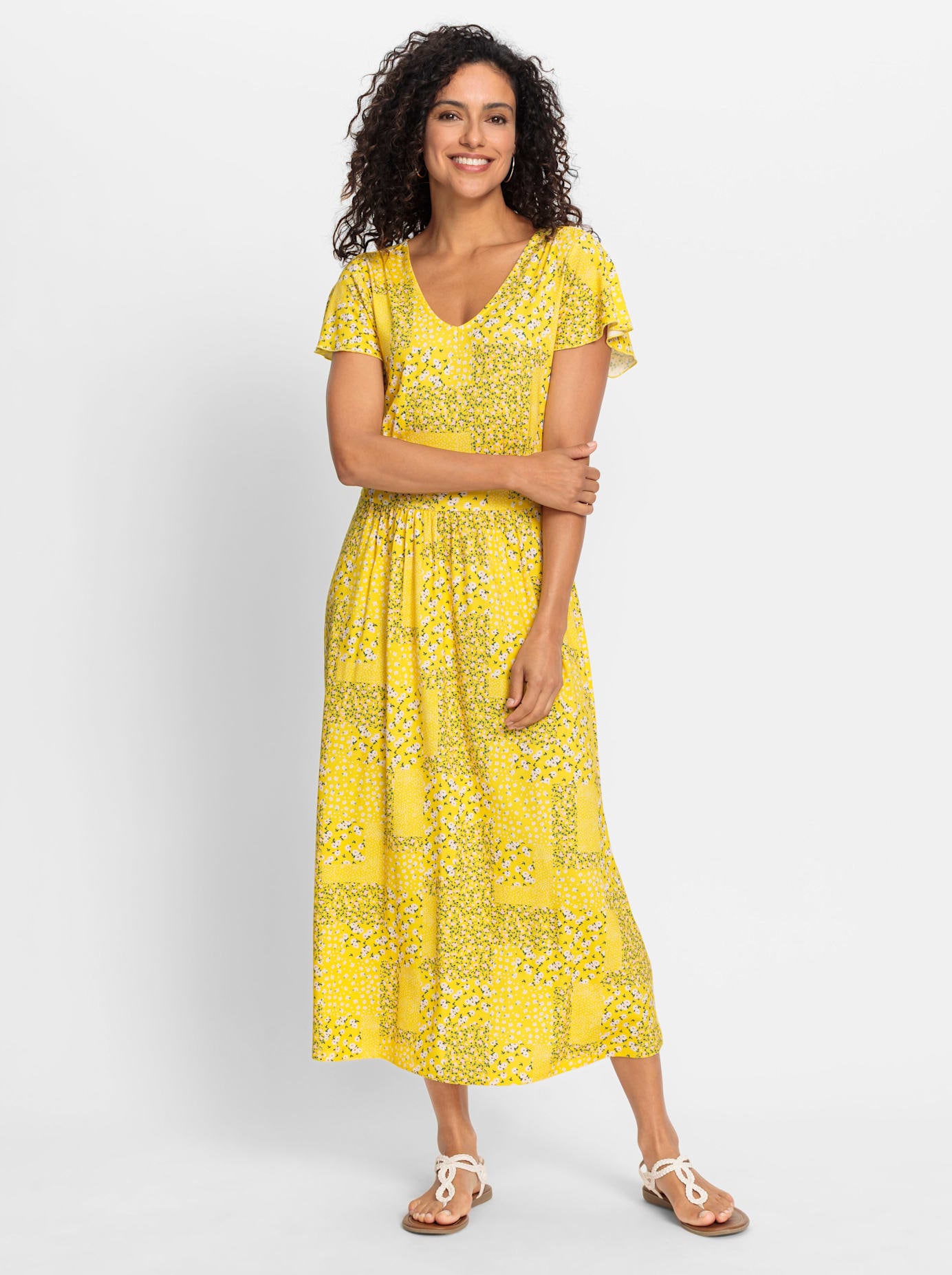 Jerseykleid INSPIRATIONEN "Jersey-Kleid", Damen, Gr. 46, Normalgrößen, gelb (sonnengelb, champagner, bedruckt), Jersey, 95% Viskose, 5% Elasthan, bedruckt, geblümt, gemustert, mehrfarbig, wadenlang, V-Ausschnitt, Kleider Image