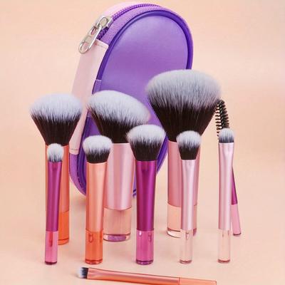 TEMU 10-piece Portable Travel Makeup Brush Set With Nylon Bristles, Unscented Wand Brushes For Types, Includes Blush, Powder, Eyeshadow, Mascara, Eyebrow, And Blending Brushes In Carrying Case Image
