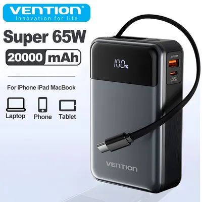Vention New 65W 20000mAh Power Bank USB A C Fast Charger with Type C Cable Digital Display Power Bank for iPhone MacBook Laptop
