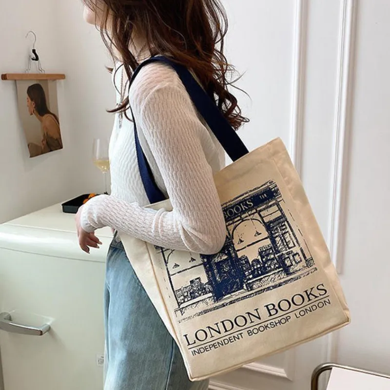 Frauen Leinwand Handtaschen Schulter Tasche London Bücher Drucken Damen Casual Tote Tasche Weibliche Handtasche Einkaufstasche Student Schule Taschen