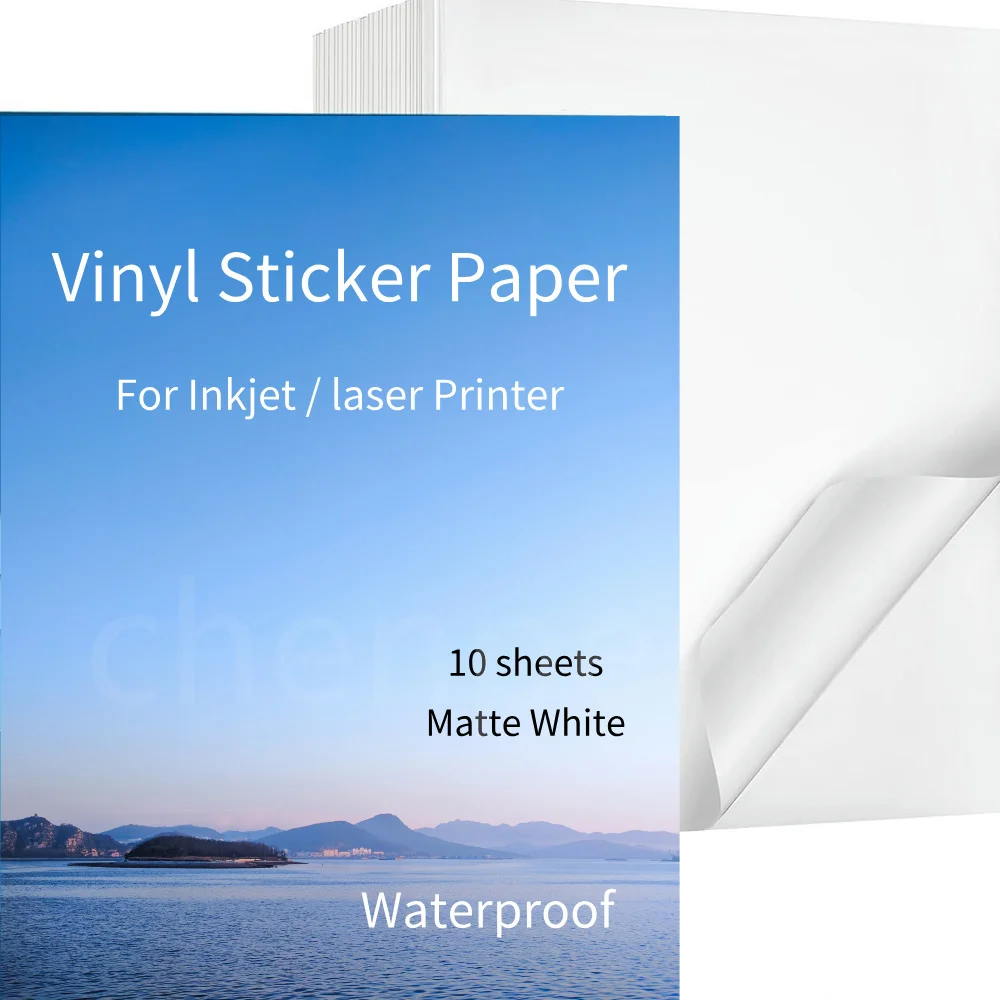10 Blatt hochwertiges, bedruckbares Vinyl-Aufkleberpapier für Tintenstrahl-Laserdrucker, mattweiß, glänzend, wasserfest, schnell trocknend Druckpapier Image