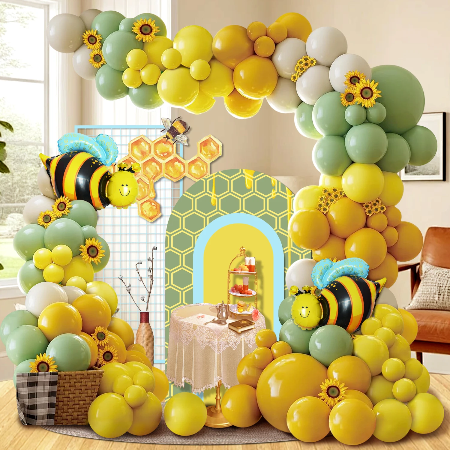 111-teiliges Bienen- und Sonnenblumen-Ballon-Girlandenbogen-Set, senfgelbe und graugrüne Latexballons, gepaart mit kleinen Bienen-Folienballons für Hochzeiten mit Sonnenblumen-Bienen-Themen, Image
