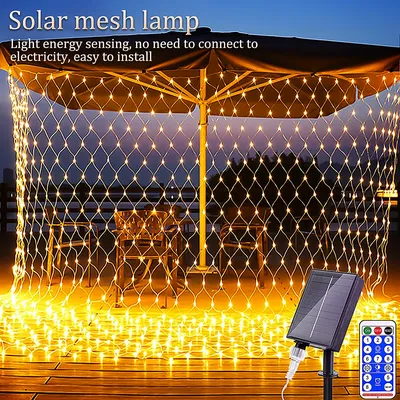 1pc Solar Net Lights Bush Net Lights Mesh Lights 8 Modes Remote Control Auto On/Off Outside Twinkle Lights For Patio Wall Roof