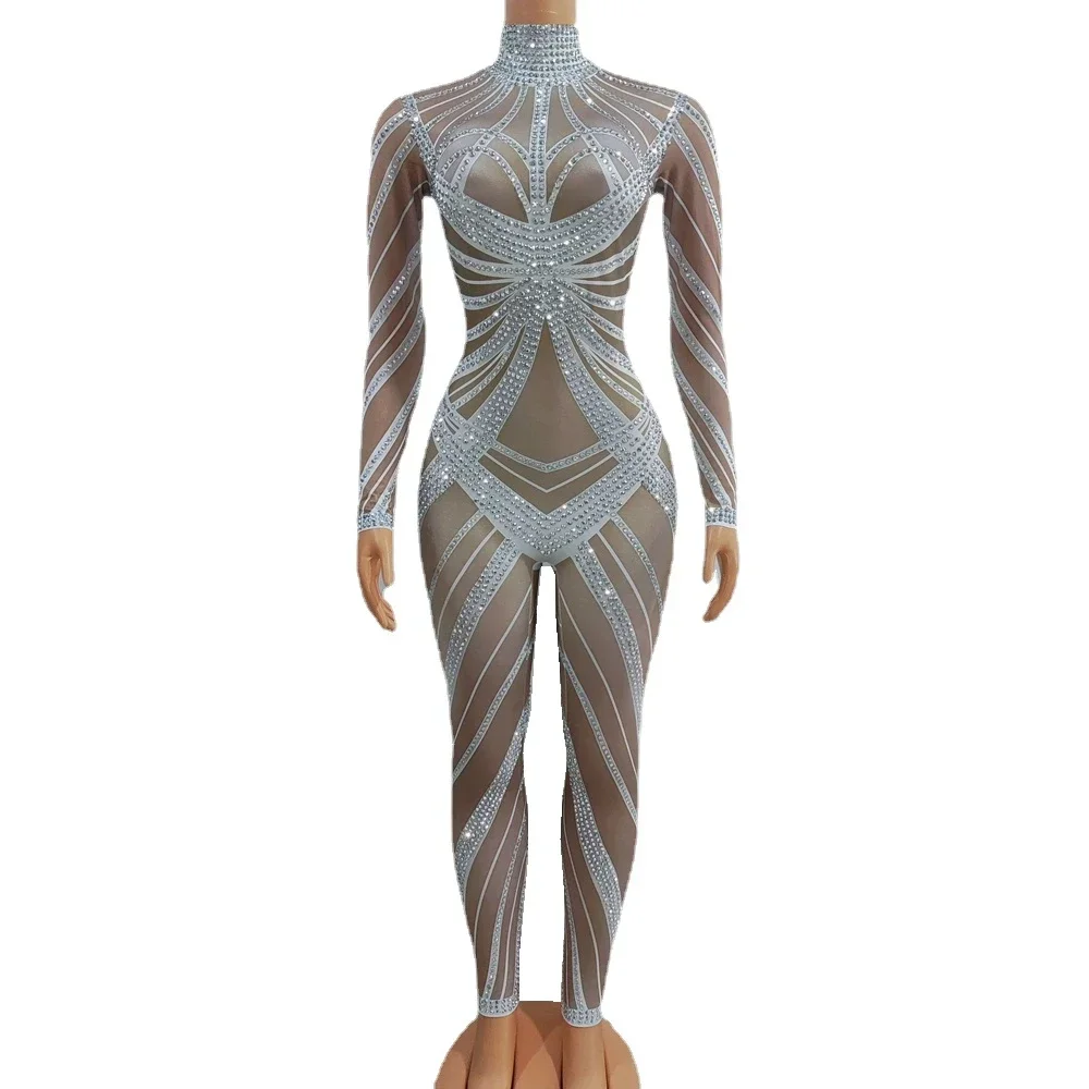 Frauen Sexy Tanz Kostüm Nachtclub Leistung Bühne Tragen Party Geburtstag Strampler Sparkly Silber Strass Stretch Overall Image