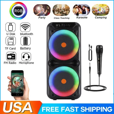 Loud Dual 8"Portable Bluetooth Speaker Sub woofer Heavy Bass Sound System Party USB FM Led Light