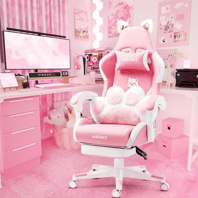 Pink Gaming Chair with Cat Paw Lumbar Cushion and Cat Ears, Ergonomic Computer Chair with Footrest,