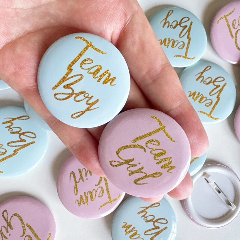 10 stücke Geschlecht offenbaren Knopf nadeln Team Junge Mädchen rosa blau Weißblech Abzeichen für Geschlecht offenbaren Party dekorationen Baby party liefert Image